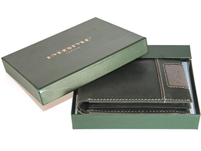 Men's Hunter Distressed Leather Bifold Wallet in branded giftbox # GW69 Black