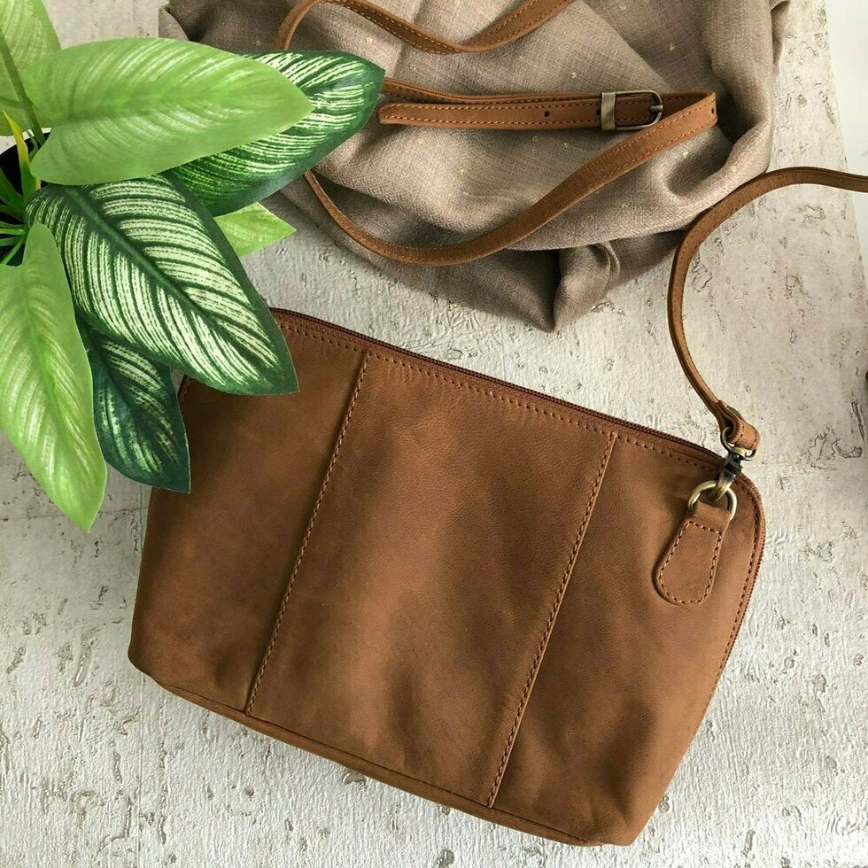 Tan soft leather full zip cross body bag #LB9014