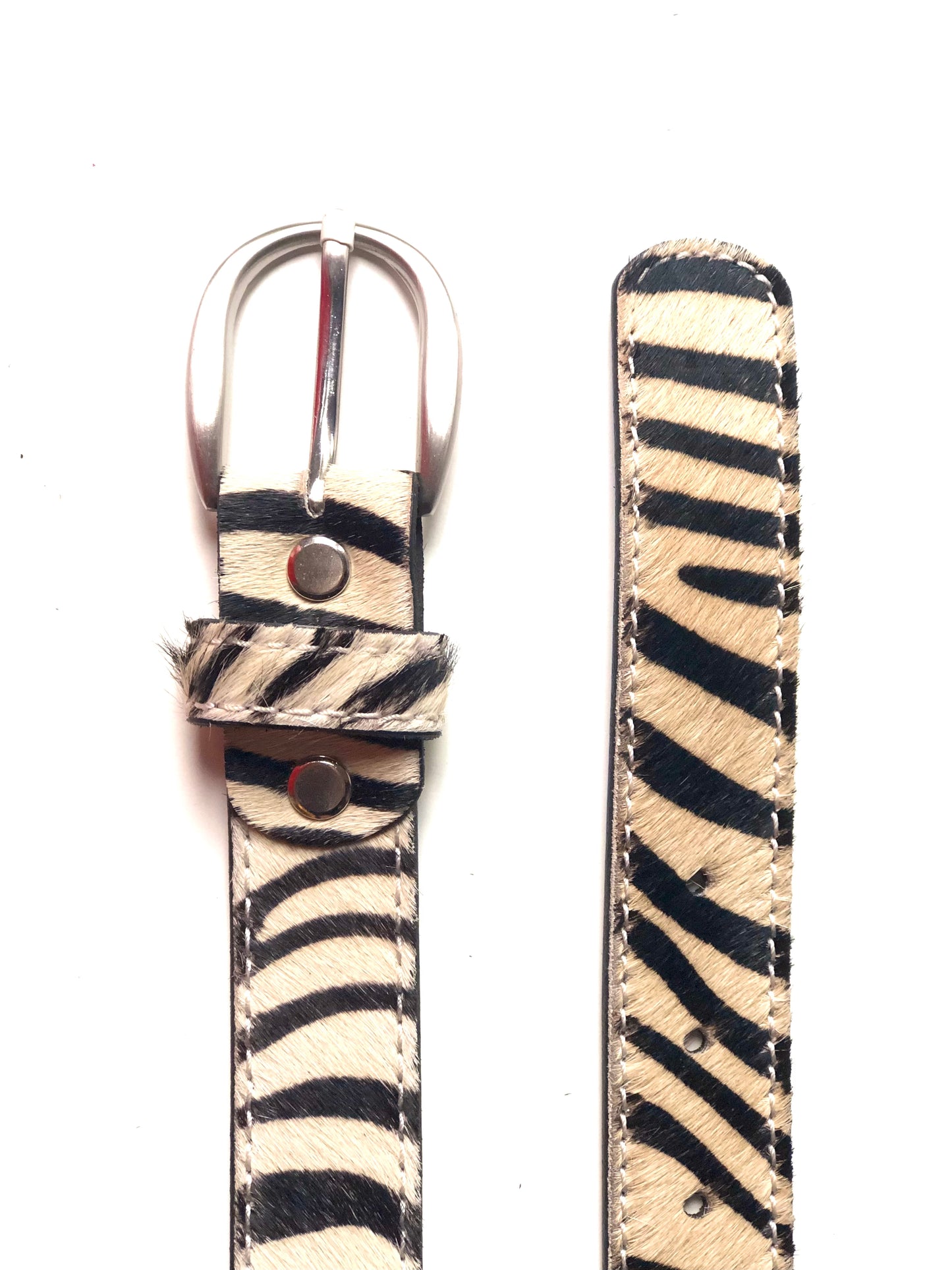 Zebra hair-on-hide leather women belt Silver buckle