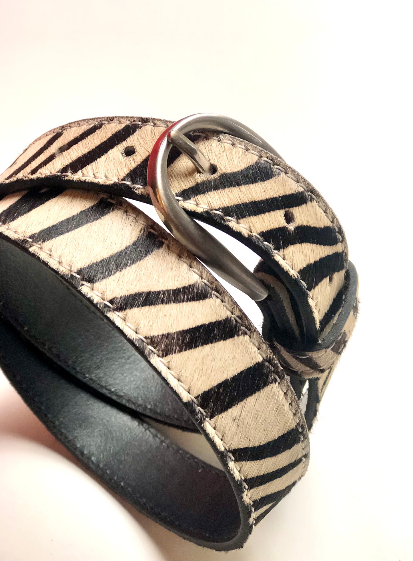 Zebra hair-on-hide leather women belt Silver buckle
