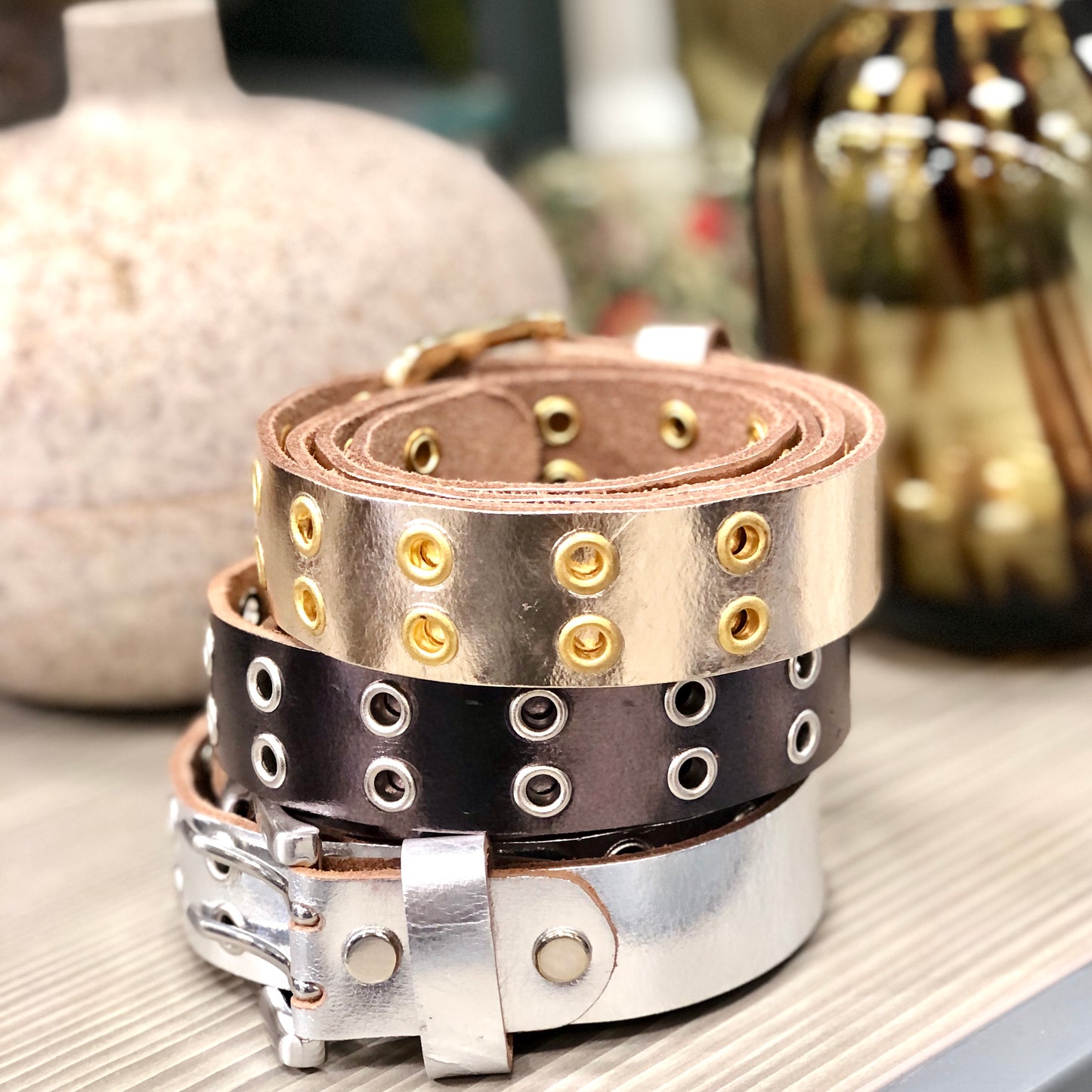 Eyelet Metallic Silver Womens' Leather Belt
