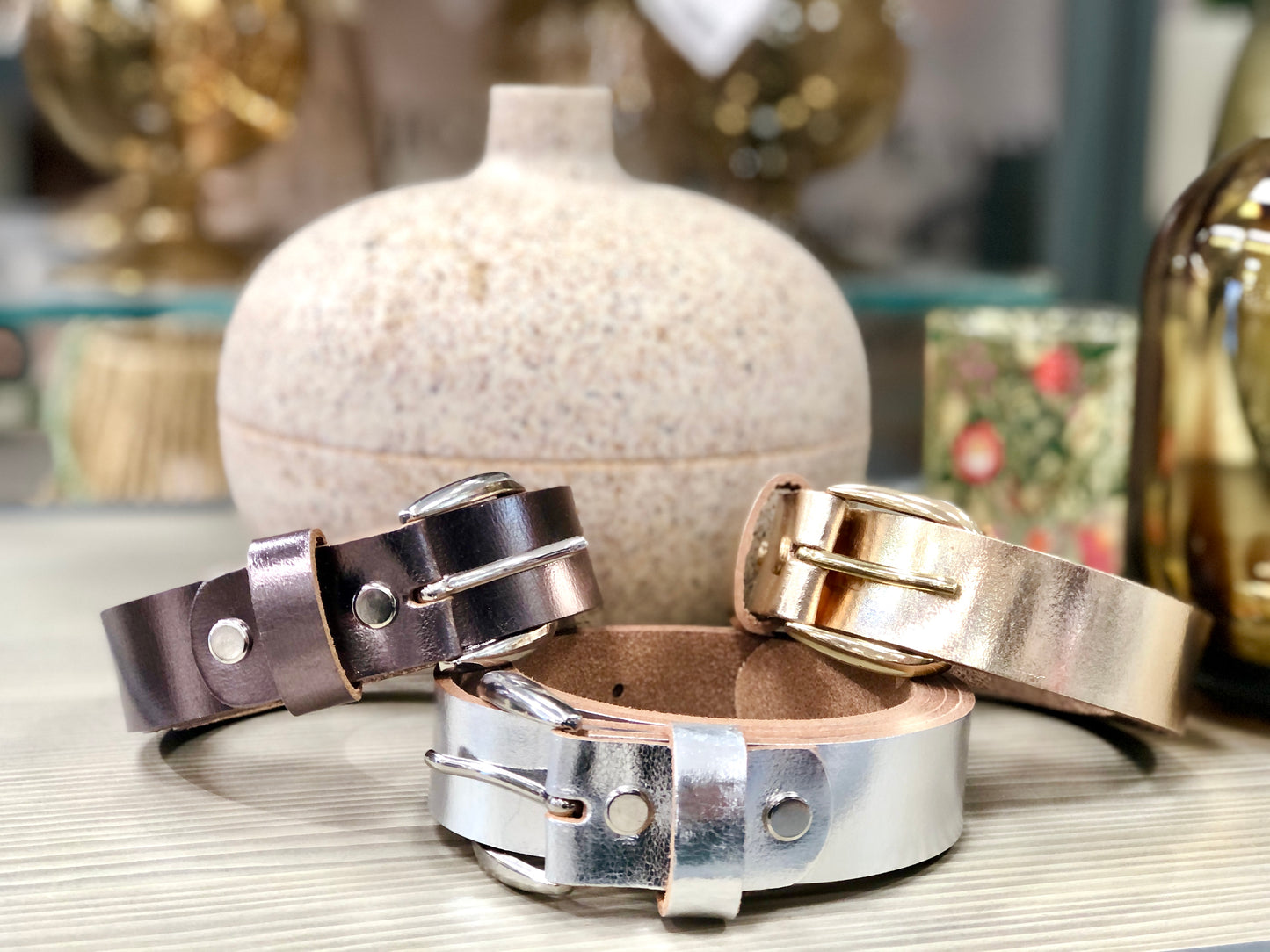 Metallic belts in gold silver and pewter