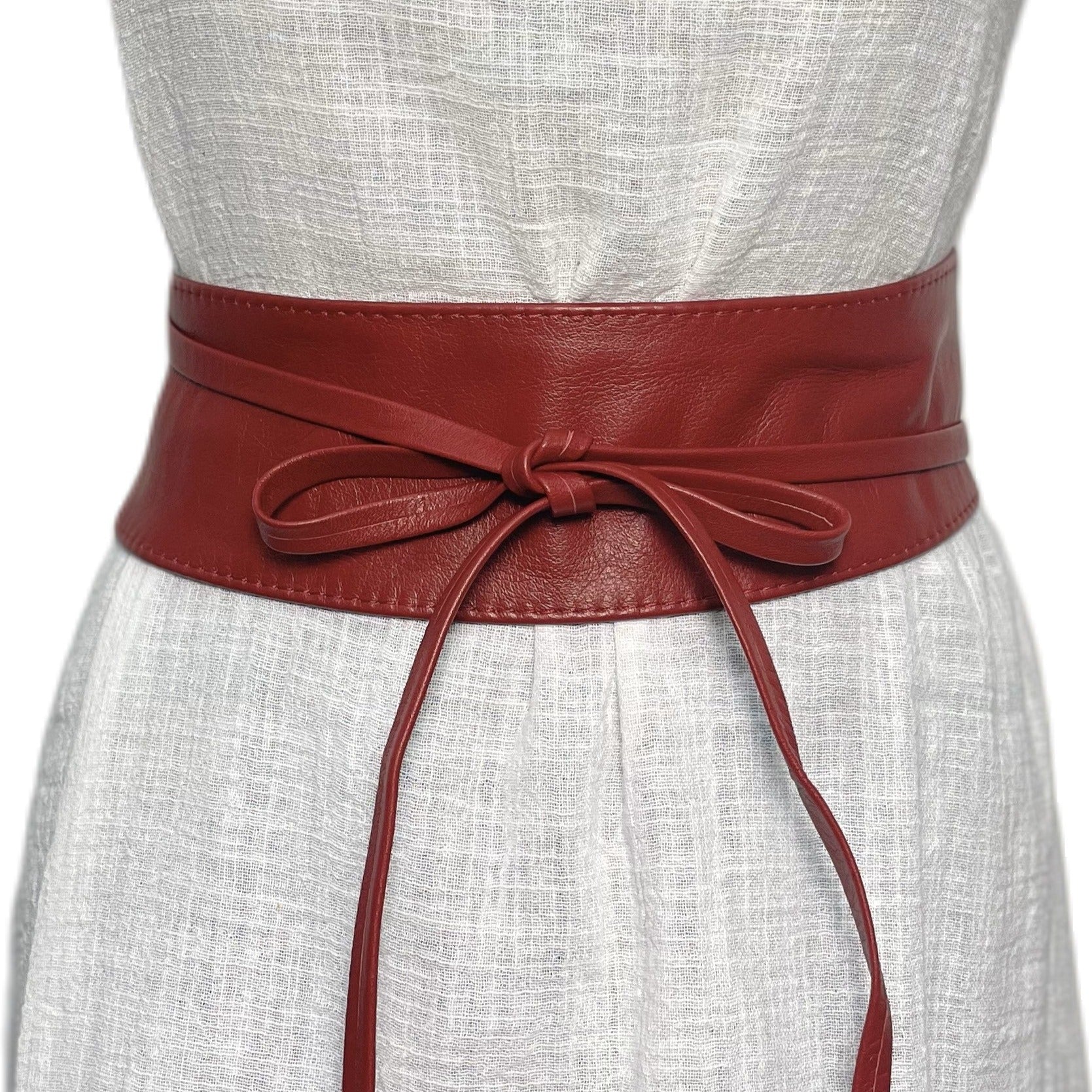 Leather Wide Red Belt For Ladies Dark Red Obi Belt Soft Genuine