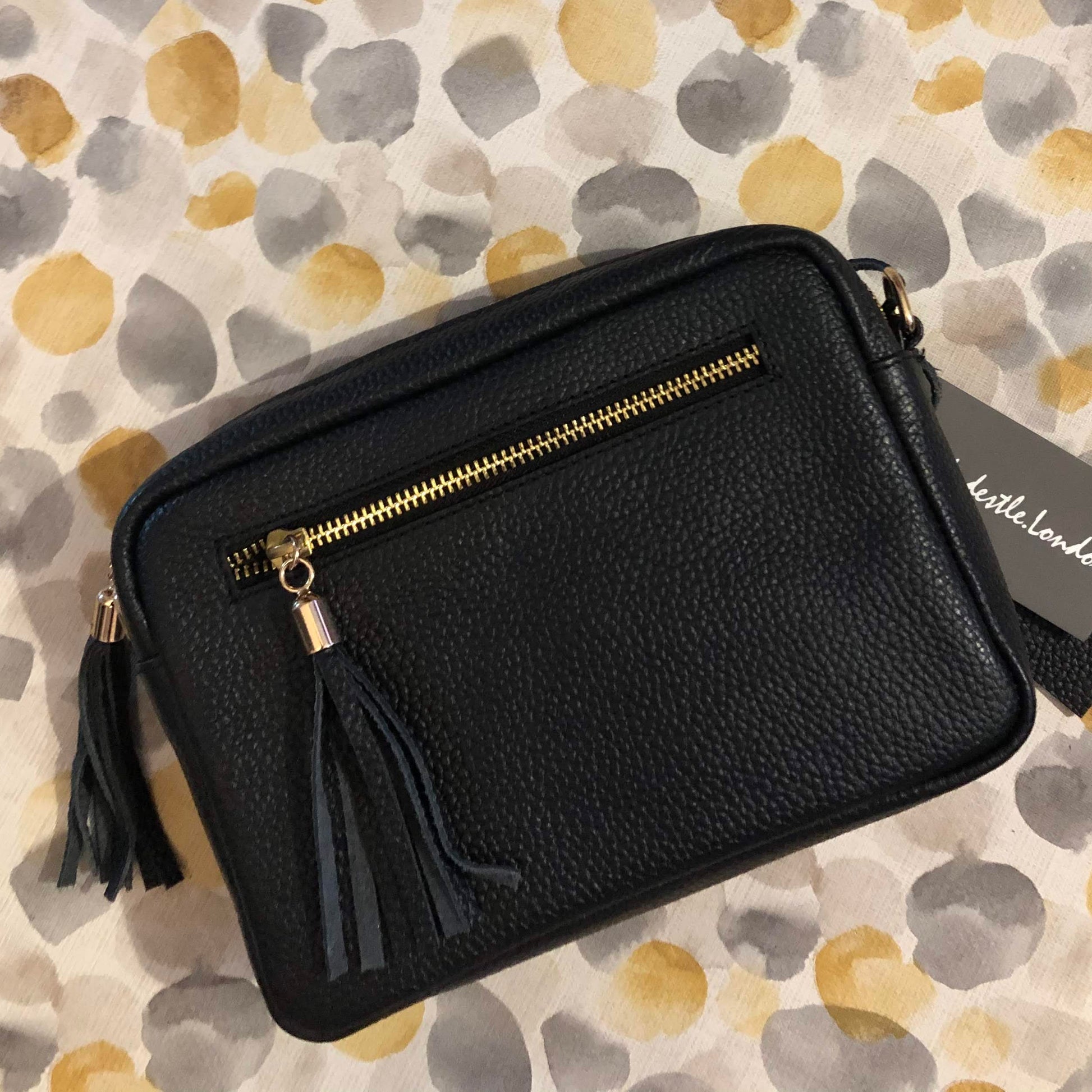 Leopard Star Camera Black Leather Crossbody Clutch Bag with tassel zip puller