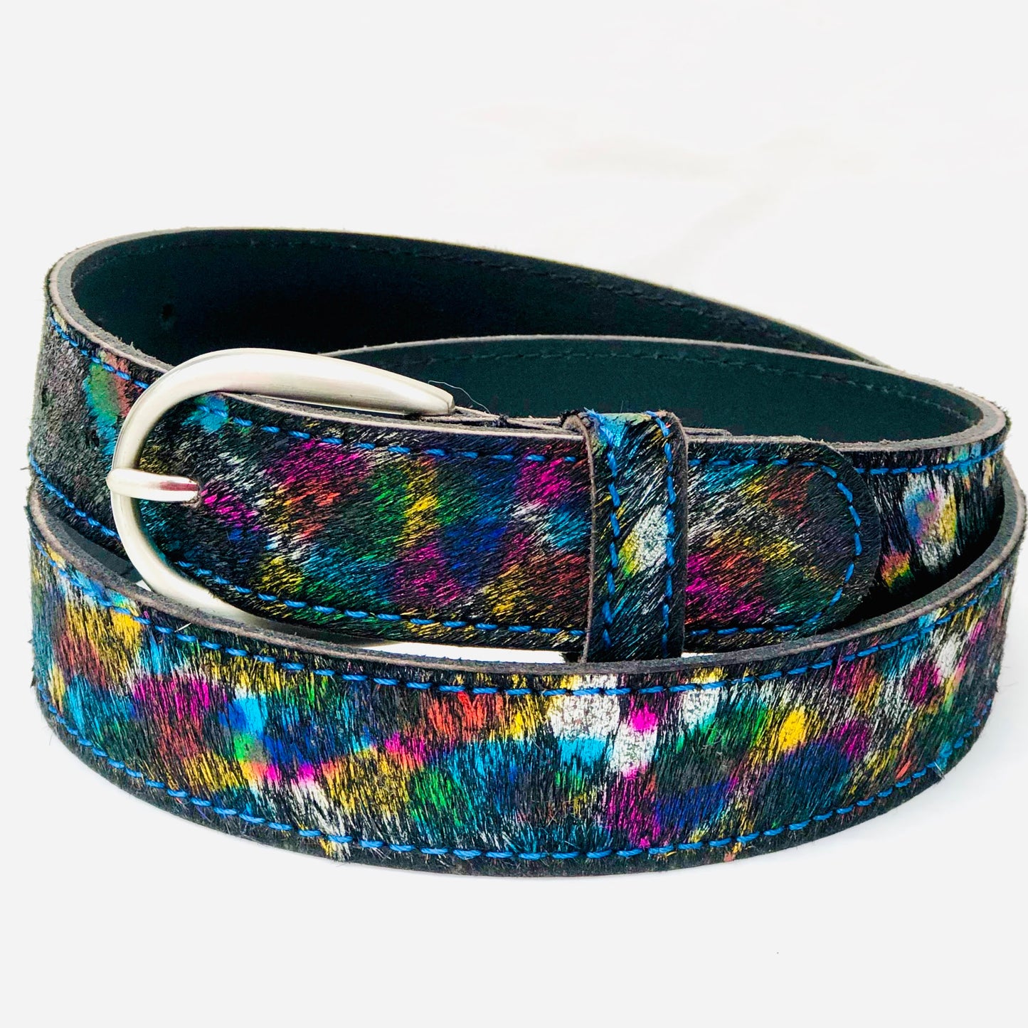 folded Hair-on leather ladies belt - Metallic Summer Splash
