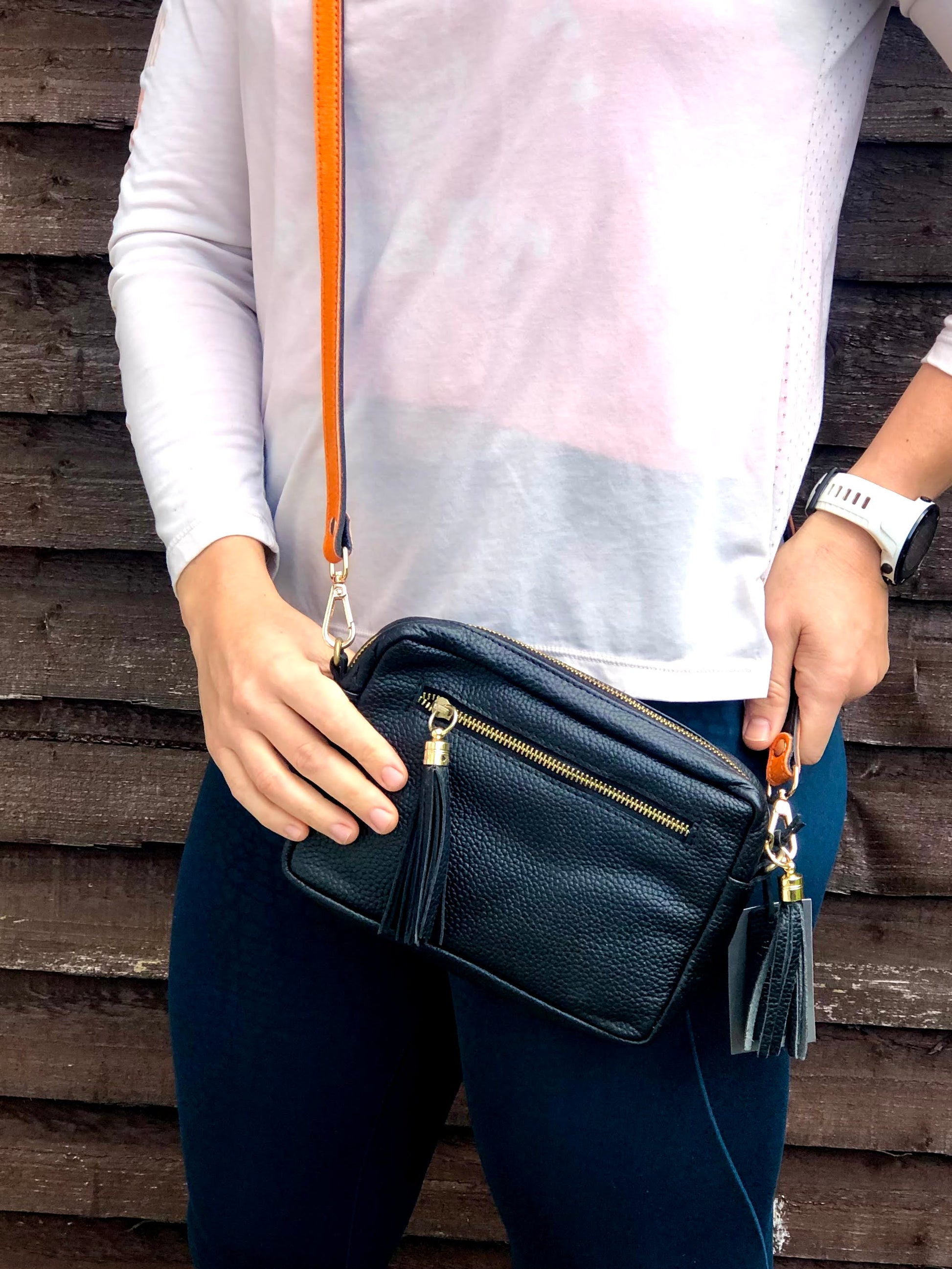 Classic Black Camera Leather Crossbody Clutch Bag with Orange Replacement Straps