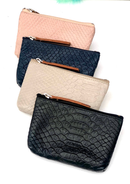 Snake Embossed Leather Card Coin Purse with Key Rings (Navy-Rose-Grey-Beige)