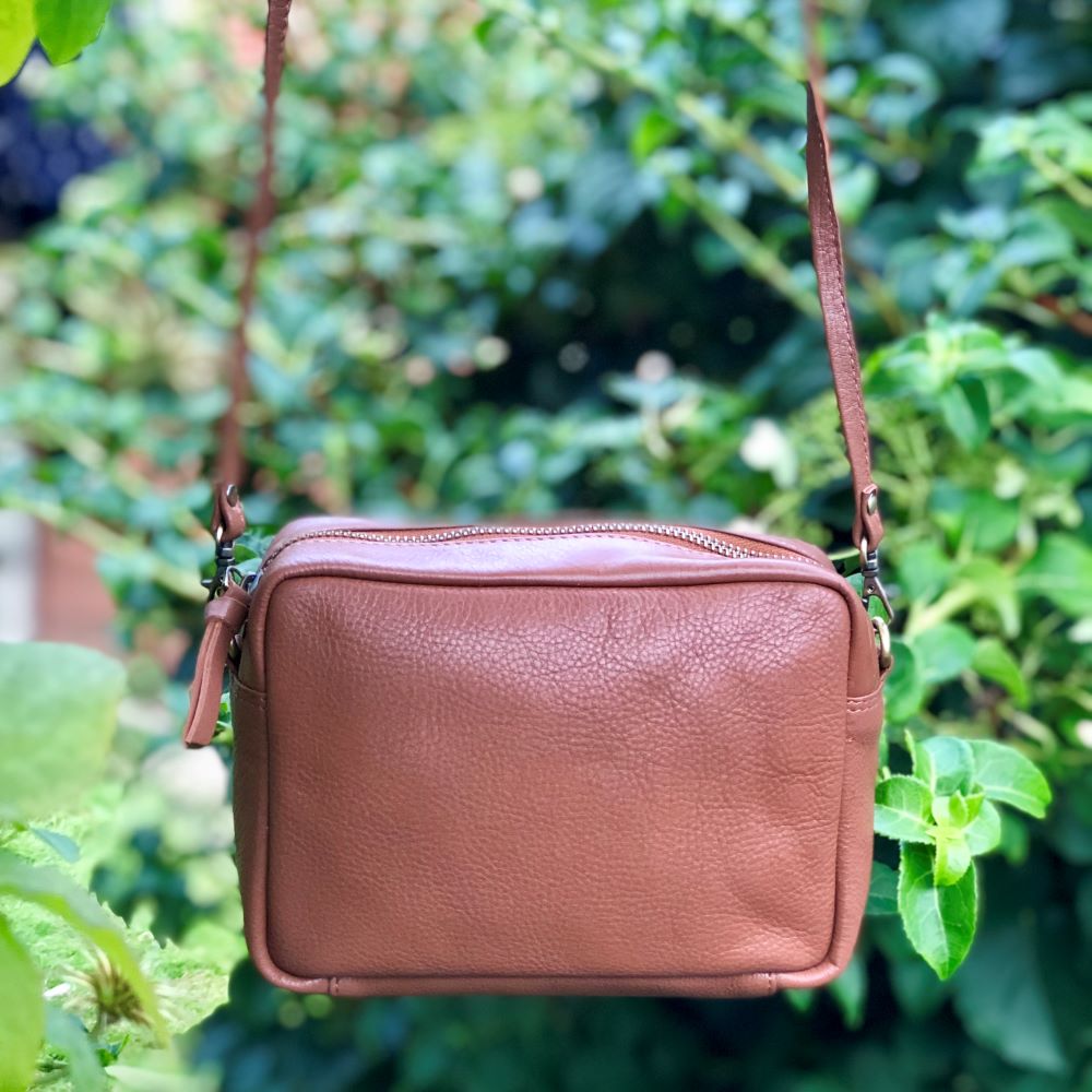 Sugar Almond Pebbled Leather Camera Bag Tan