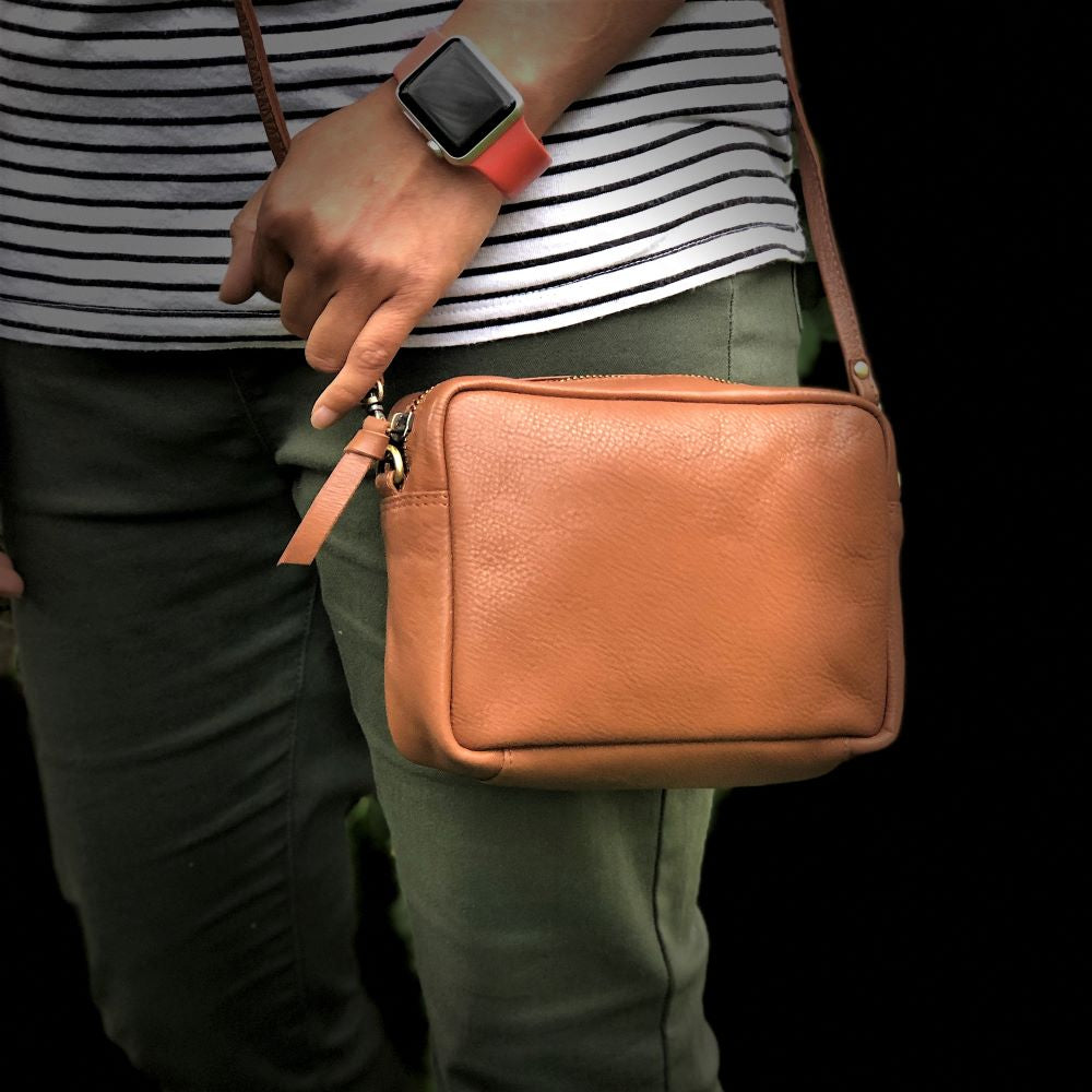 Sugar Almond Pebbled Leather Camera Bag Tan