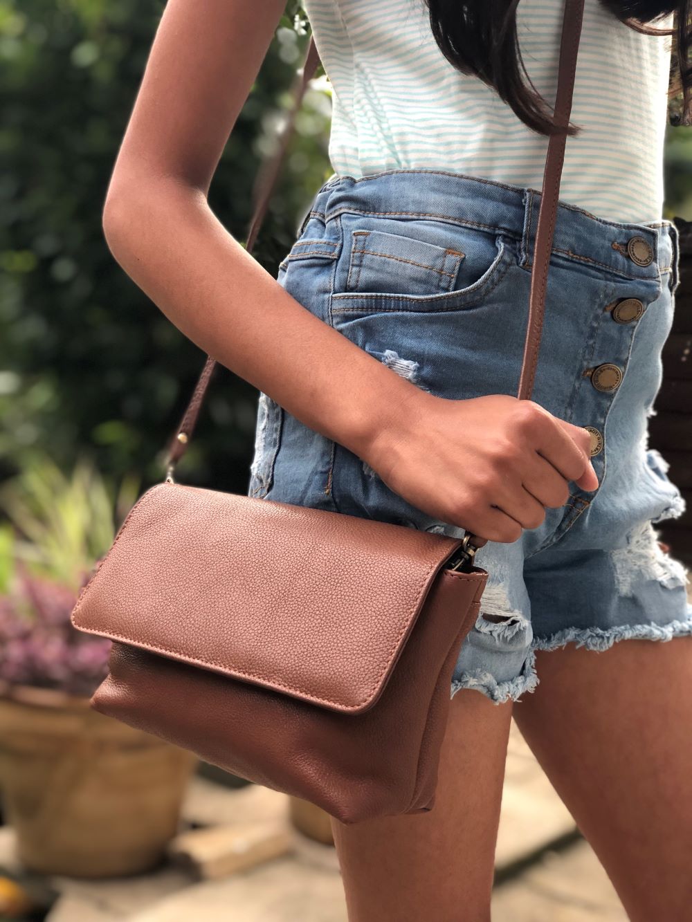 Sugar Almond Pebbled Leather Messenger Bag Tan