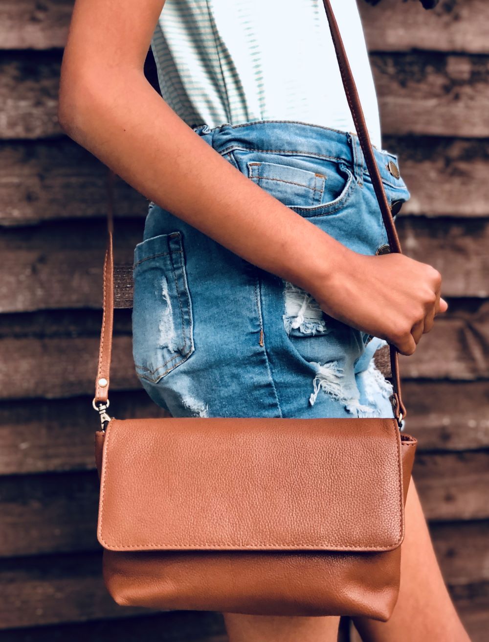 Sugar Almond Pebbled Leather Messenger Bag Tan