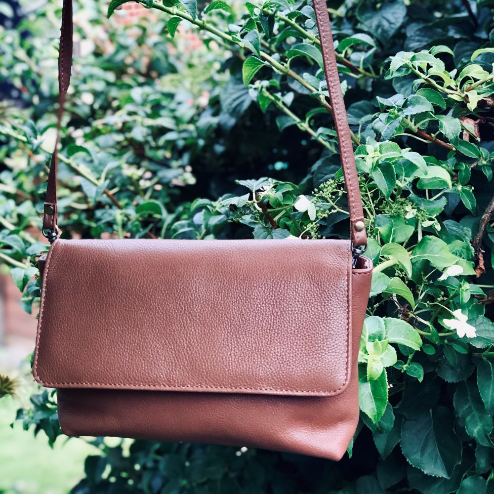 Sugar Almond Pebbled Leather Messenger Bag Tan