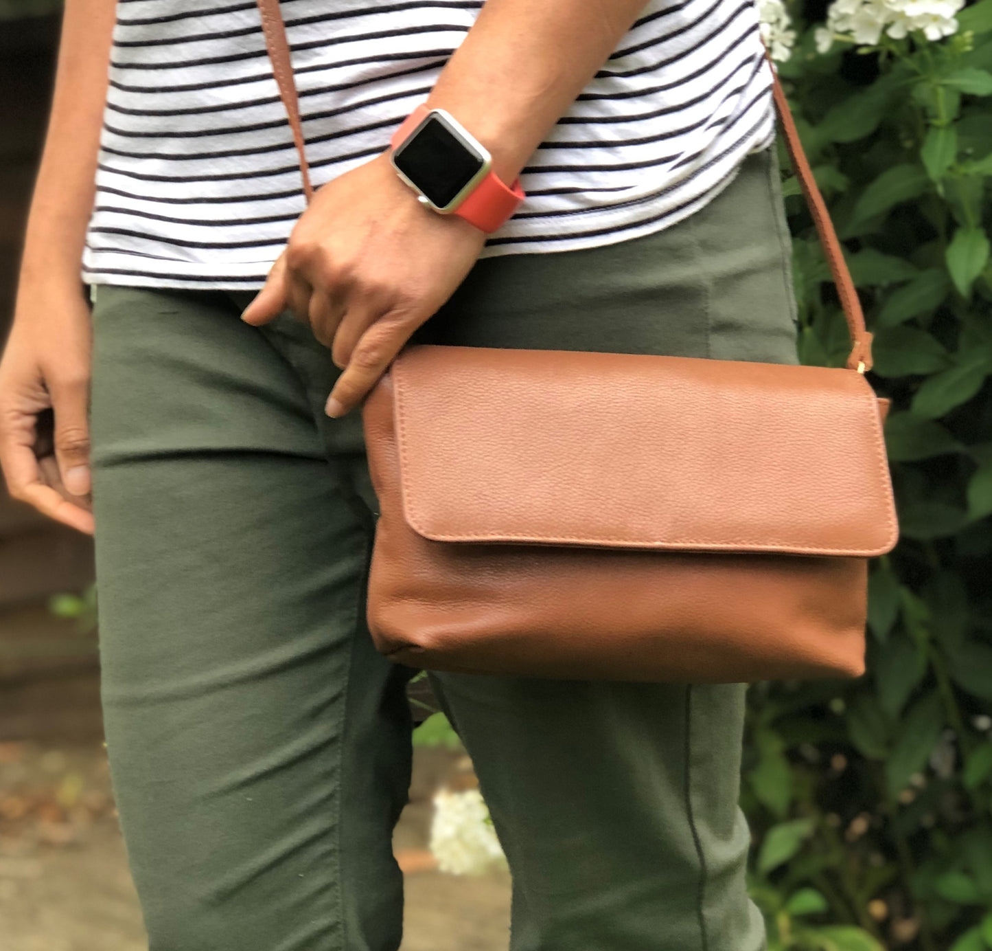 Sugar Almond Pebbled Leather Messenger Bag Tan