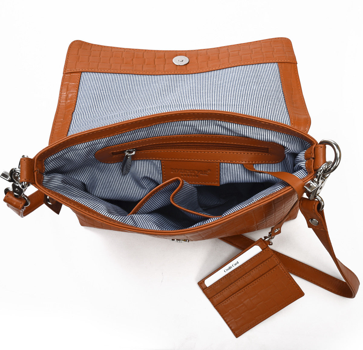 Secure RFID embossed leather ladies messenger bag with card case #LB67 Rust