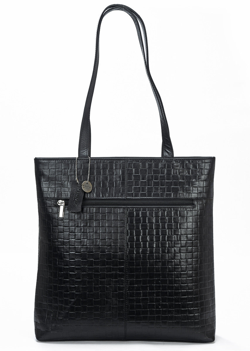SECURE RFID Embossed Leather Waffel Ladies Zip Top Tote Bag LB68 BLACK