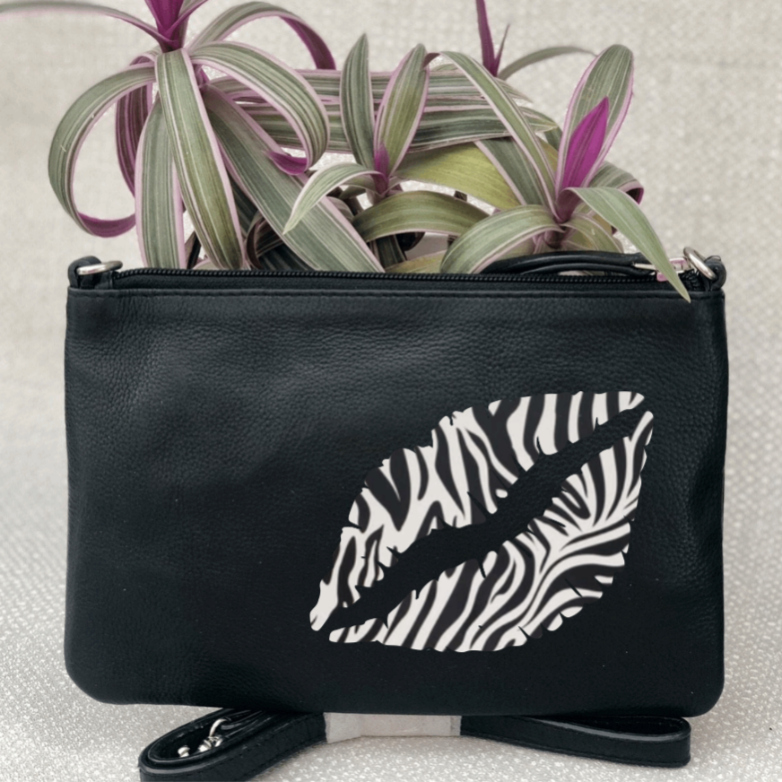 Lips Leather Clutch Bag - Zebra Leopard Glitter