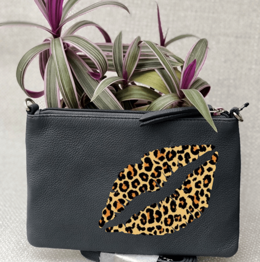 Lips Leather Clutch Bag - Zebra Leopard Glitter