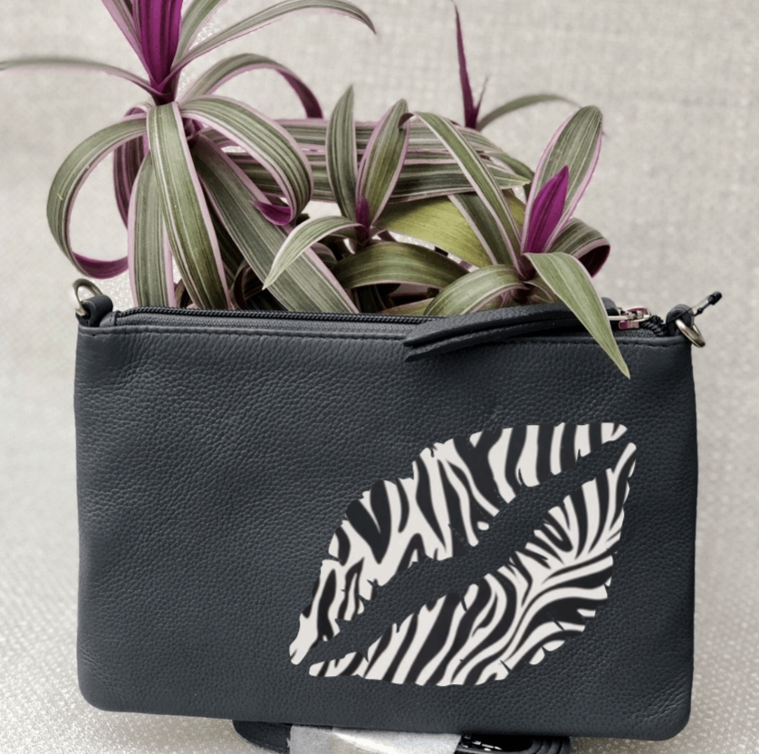 Lips Leather Clutch Bag - Zebra Leopard Glitter