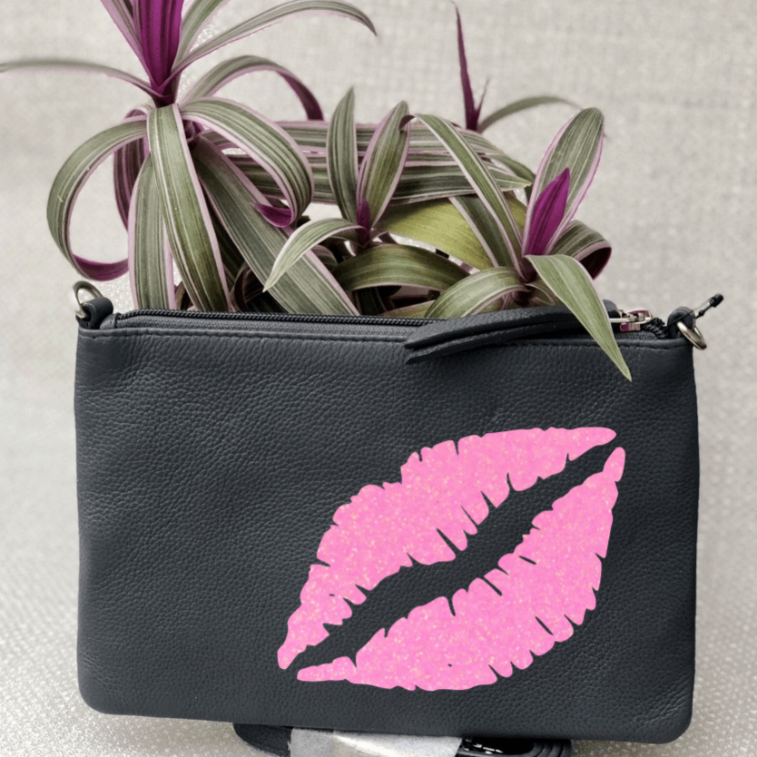 Lips Leather Clutch Bag - Zebra Leopard Glitter