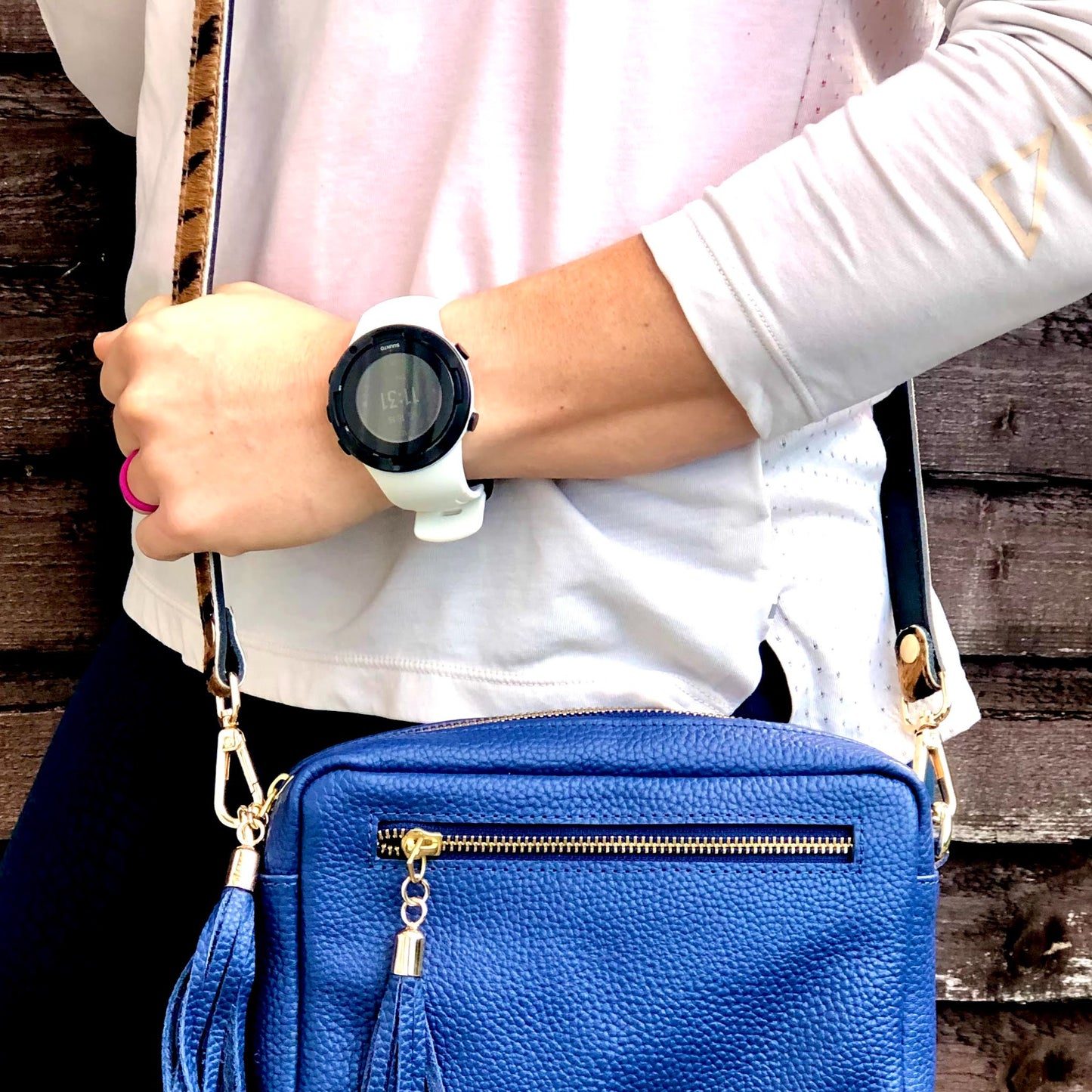 Blue Bag with Tiger print leather replacement straps