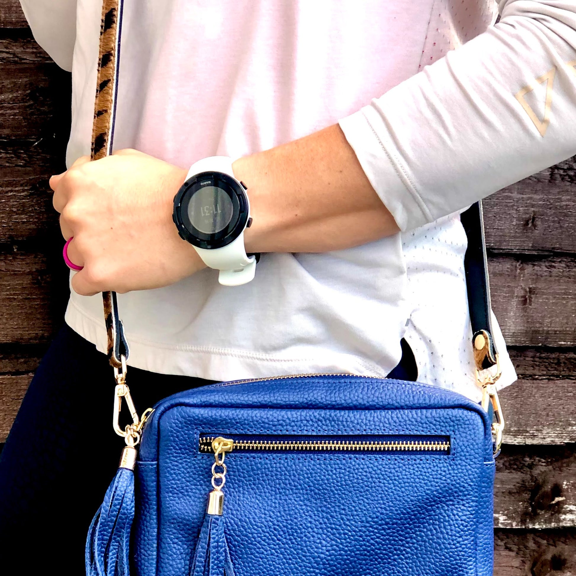 Blue Bag with Tiger print leather replacement straps