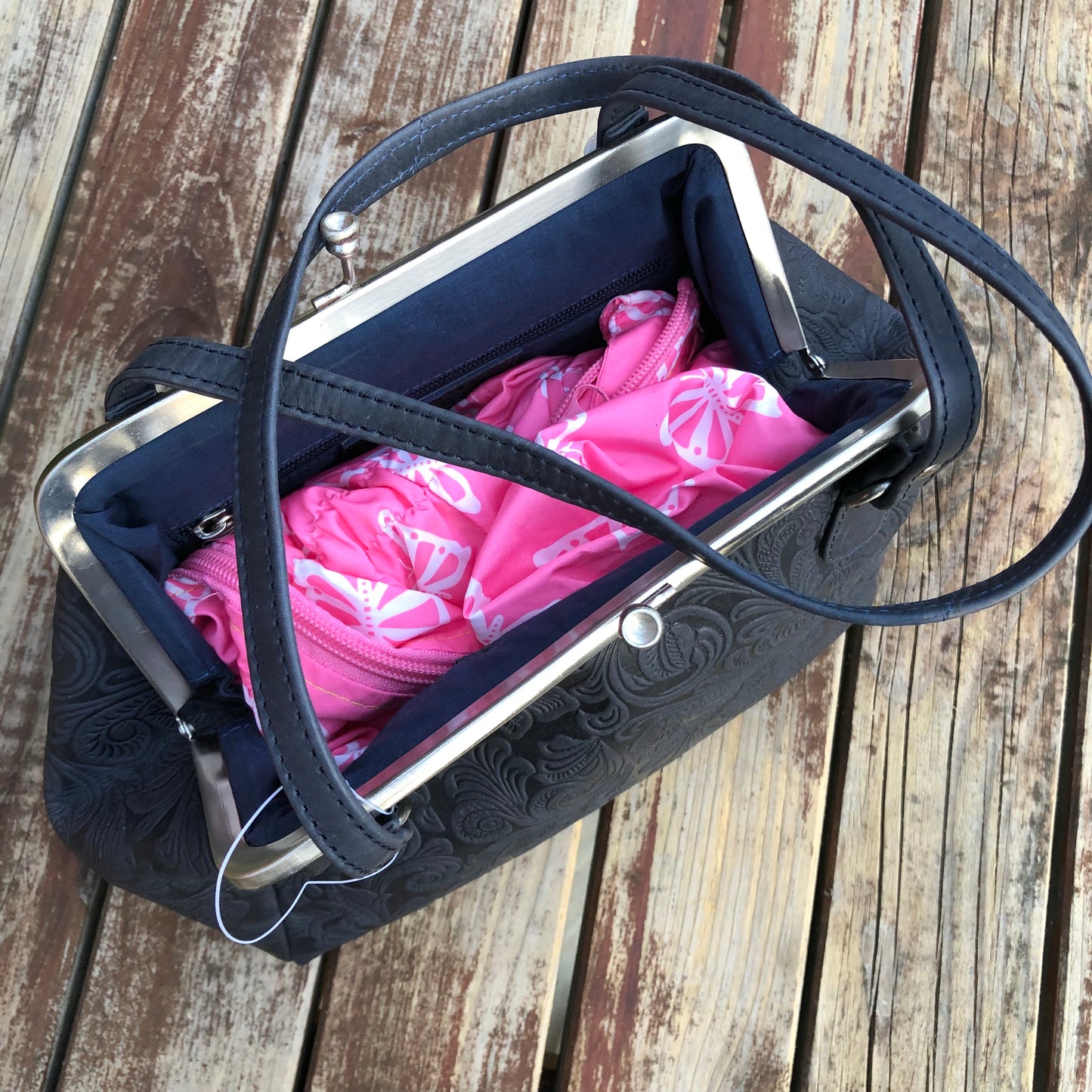 Vintage Style Embossed Leather Frame Bag Navy LB101