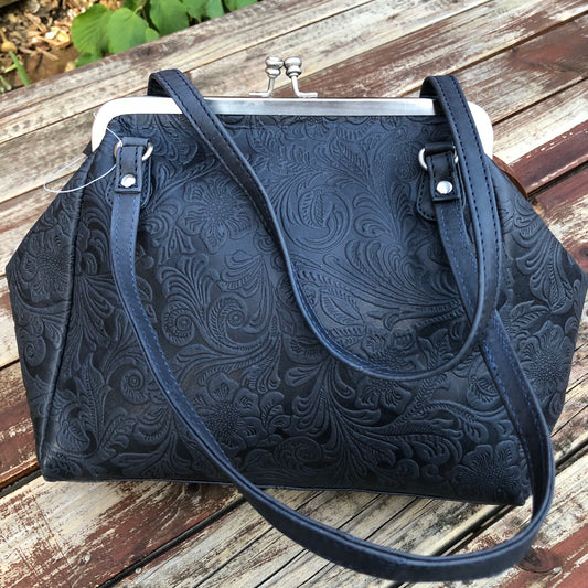 Vintage Style Embossed Leather Frame Bag Navy LB101