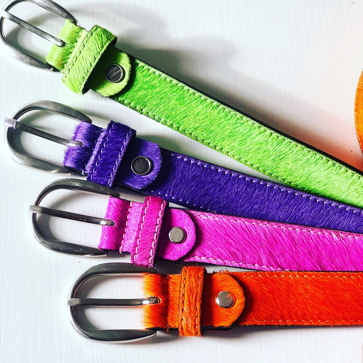  Orange, Purple  Green and Neon Pink hair-on-hide women leather belt
