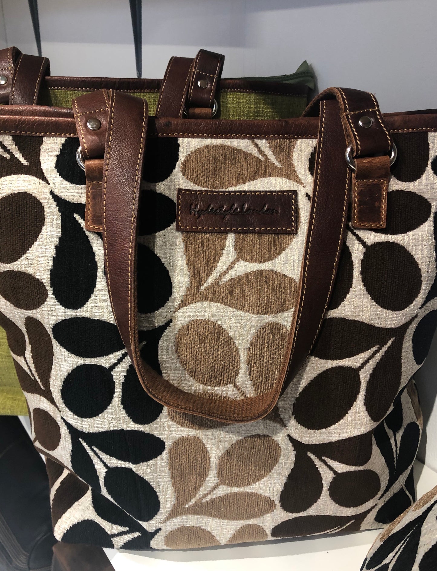 Tapestry with leather trims tote bag #LB409 Leaf-Brown