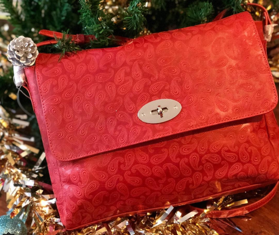 Vintage Embossed Leather Red Paisley Large LB102