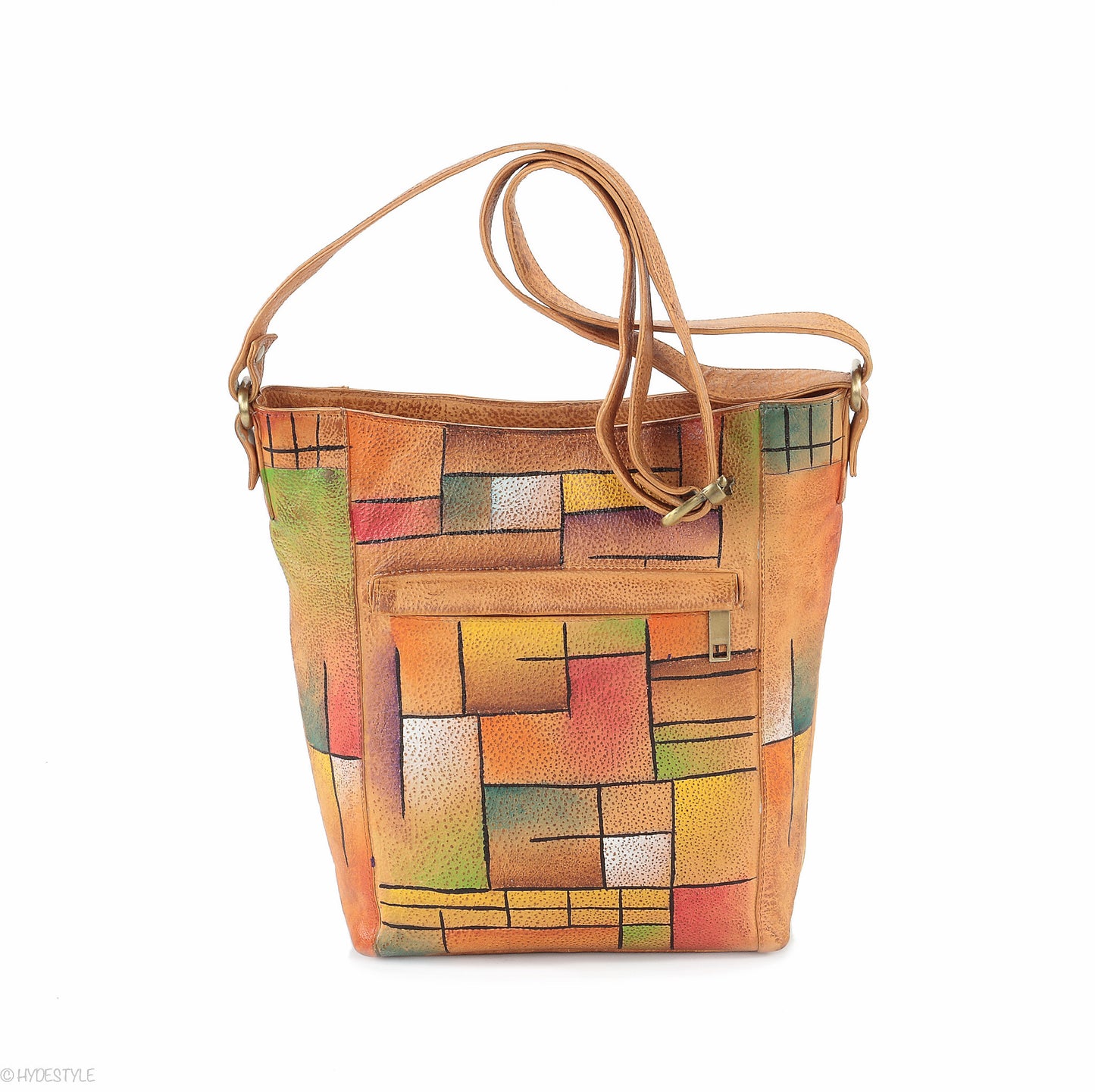 Picta Manu hand painted leather messenger bag #LB19 Abstract Squares