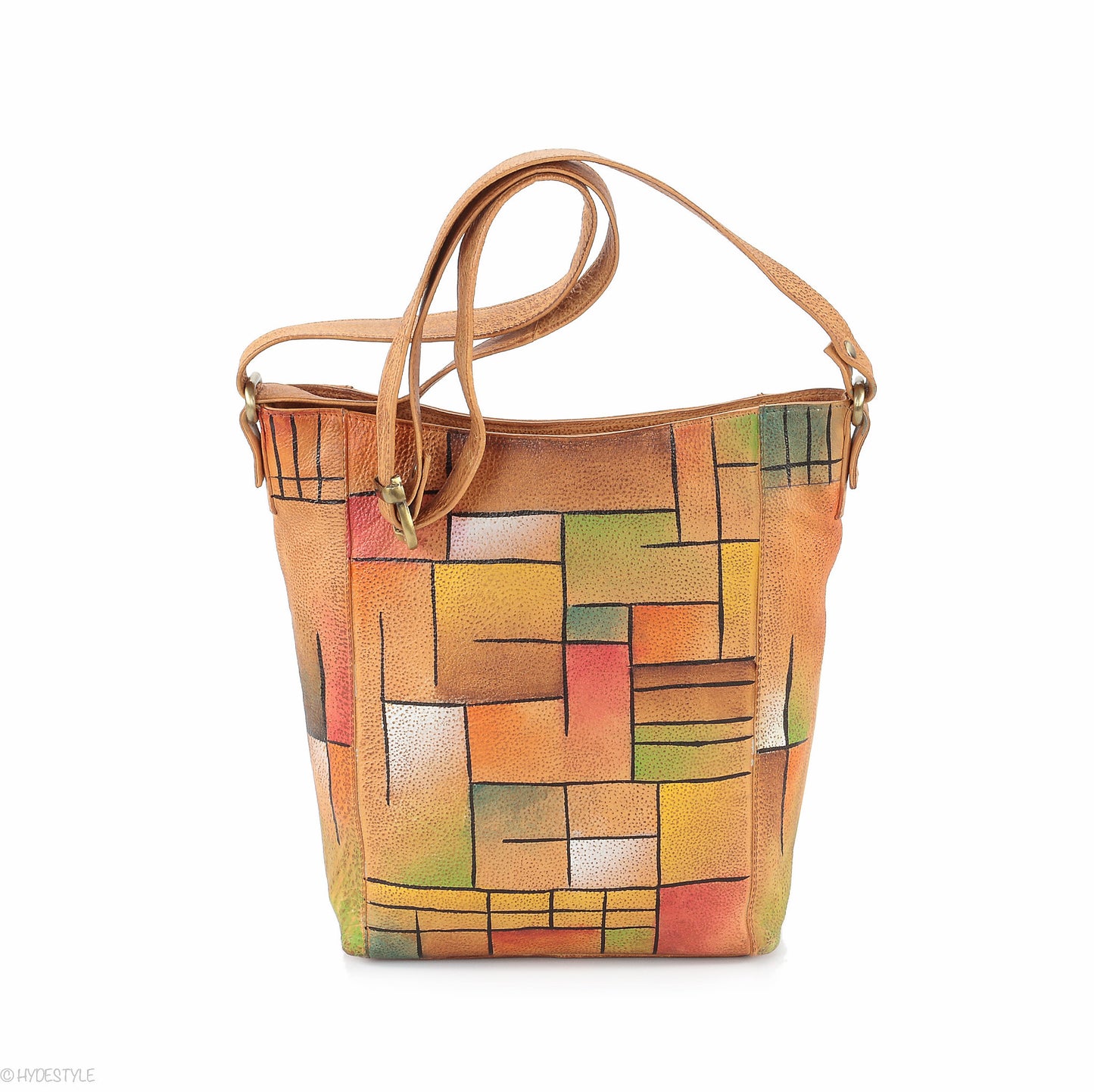 Picta Manu hand painted leather messenger bag #LB19 Abstract Squares
