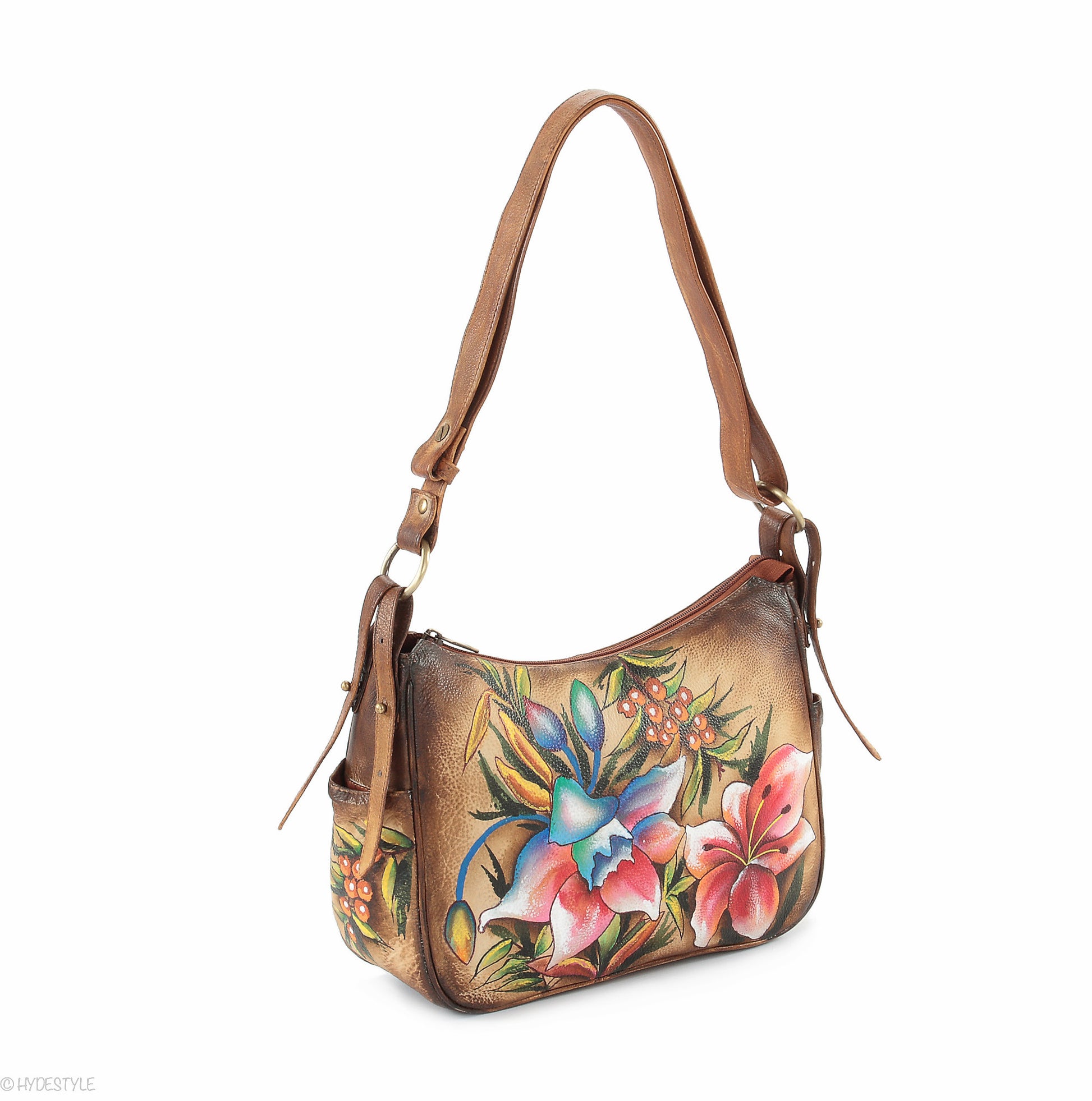 Picta Manu hand painted leather hobo bag #LB21 Floral Berry