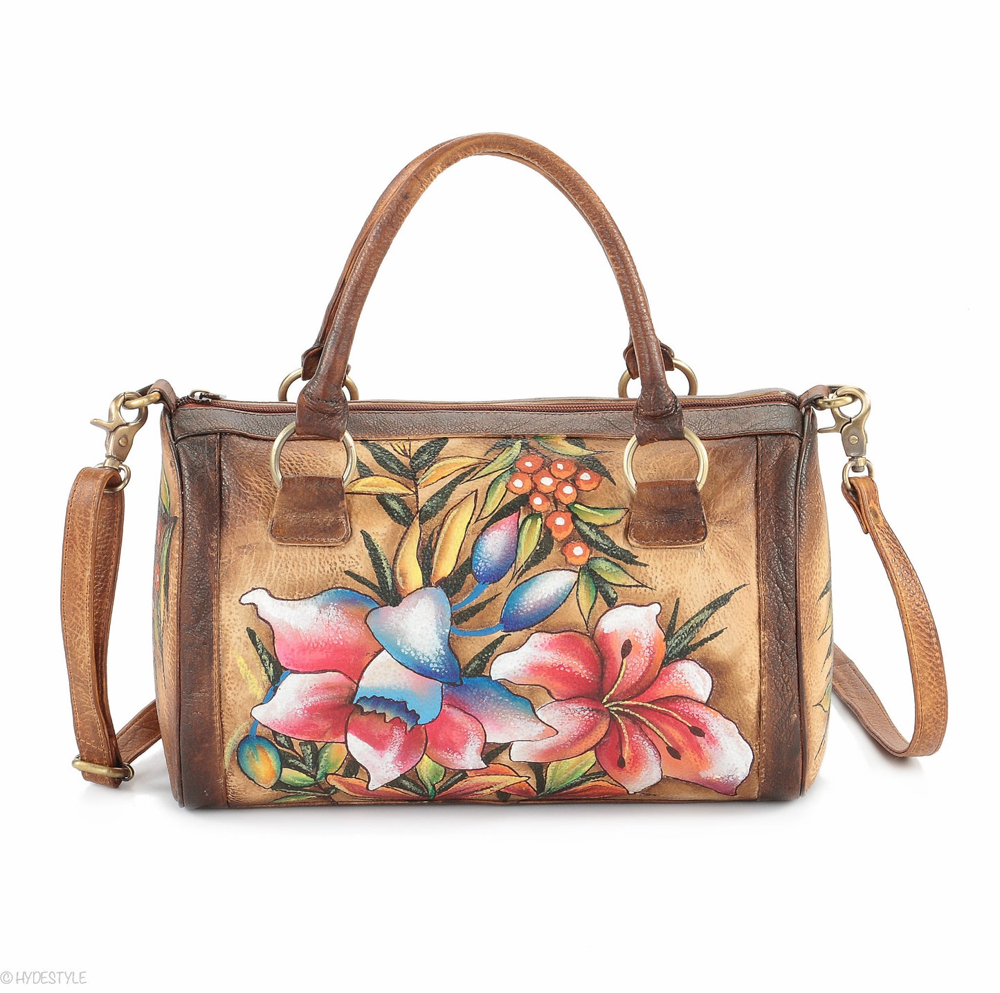 Picta Manu hand painted leather bowling bag #LB18 Floral Berry