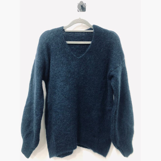 Navy Blue Alpaca Mohair Soft Knit V Neck Jumper