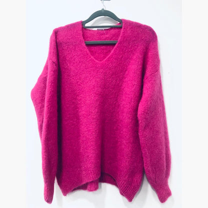 Pink Alpaca Mohair Soft Knit V Neck Jumper