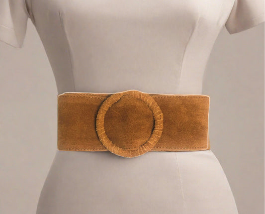 Tan Womens'  Soft Silky Suede Leather Round Buckle 70mm Dress Belt