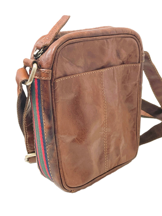 Classic Walnut Brown Leather Small Messenger Travel Bag with Webbing Details for Him Her