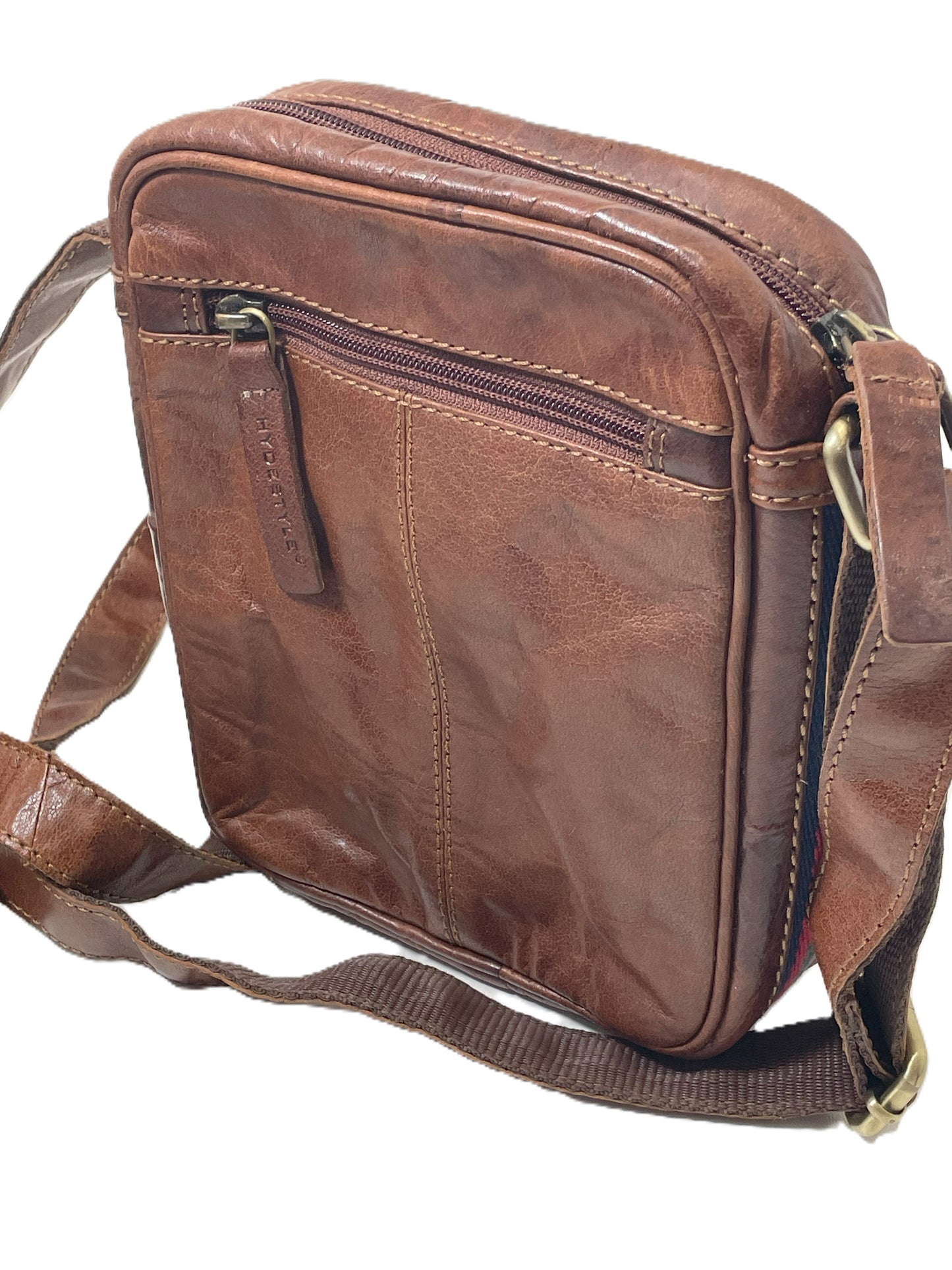 Classic Walnut Brown Leather Small Messenger Travel Bag with Webbing Details for Him Her