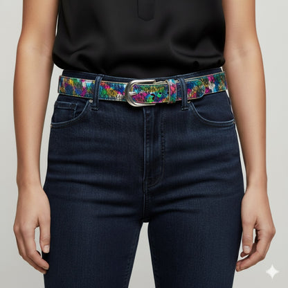 Splash - Hair-on leather ladies belt - Metallic Summer Splash