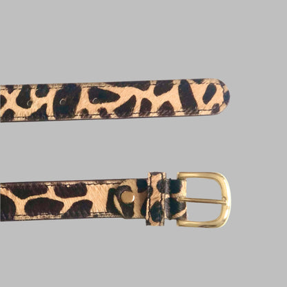 Giraffe hair-on-hide leather women belt Gold buckle