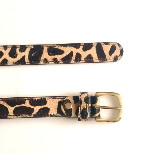 Giraffe hair-on-hide leather women belt Gold buckle