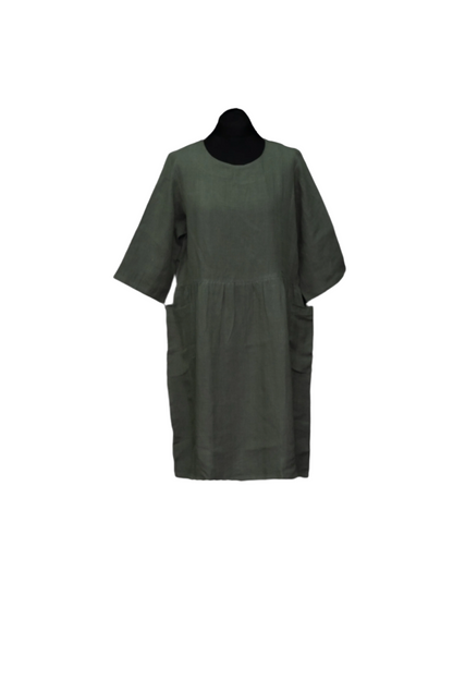 Linen One Size 2 Pocket Gathered Dress TLC-D-1001