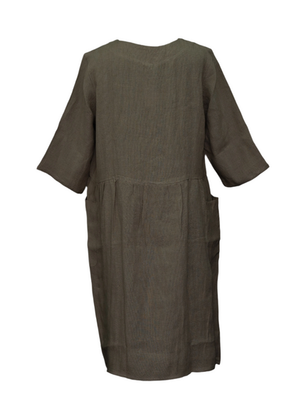 Linen One Size 2 Pocket Gathered Dress TLC-D-1001