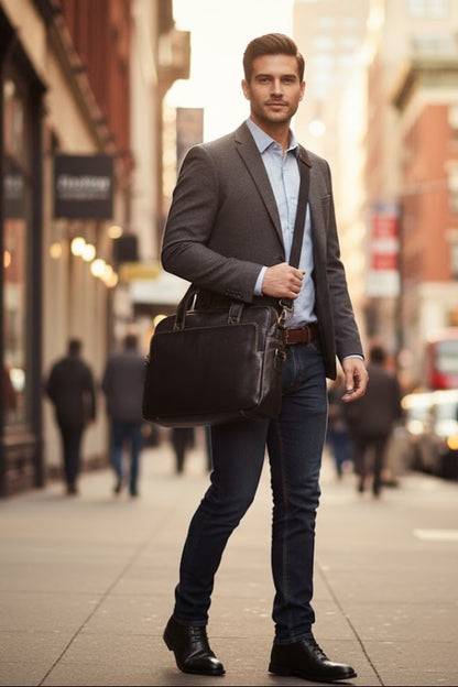 Black Pebbled Leather Compact Laptop Bag