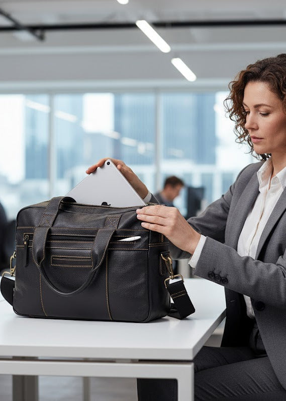 Black Pebbled Leather Compact Laptop Bag