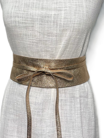 Metallic Bronze Obi belt soft genuine leather wrap belt | Wide waist belt in genuine leather | Genunine leather wrap around boho dress belt