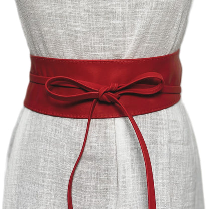 Red Obi belt soft genuine leather wrap belt | Wide waist belt in genuine leather | Genunine leather wrap around boho dress belt