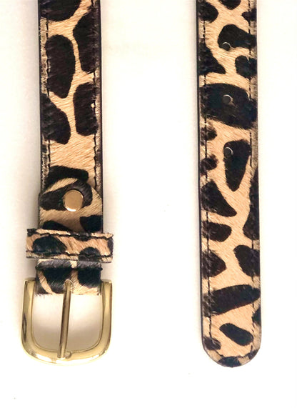 Giraffe hair-on-hide leather women belt Gold buckle