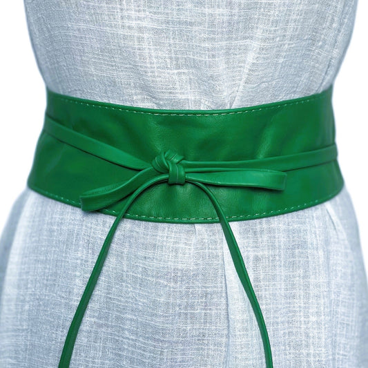 Green Obi belt soft genuine leather wrap belt | Wide waist belt in genuine leather | Genunine leather wrap around boho dress belt